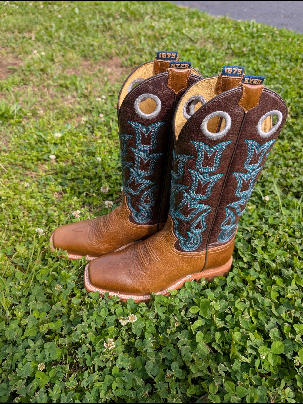 Hyer Ladies Jewell Brown & Teal Tulip Western Cowboy Boots Wide Square Toe - Picture 2 of 6